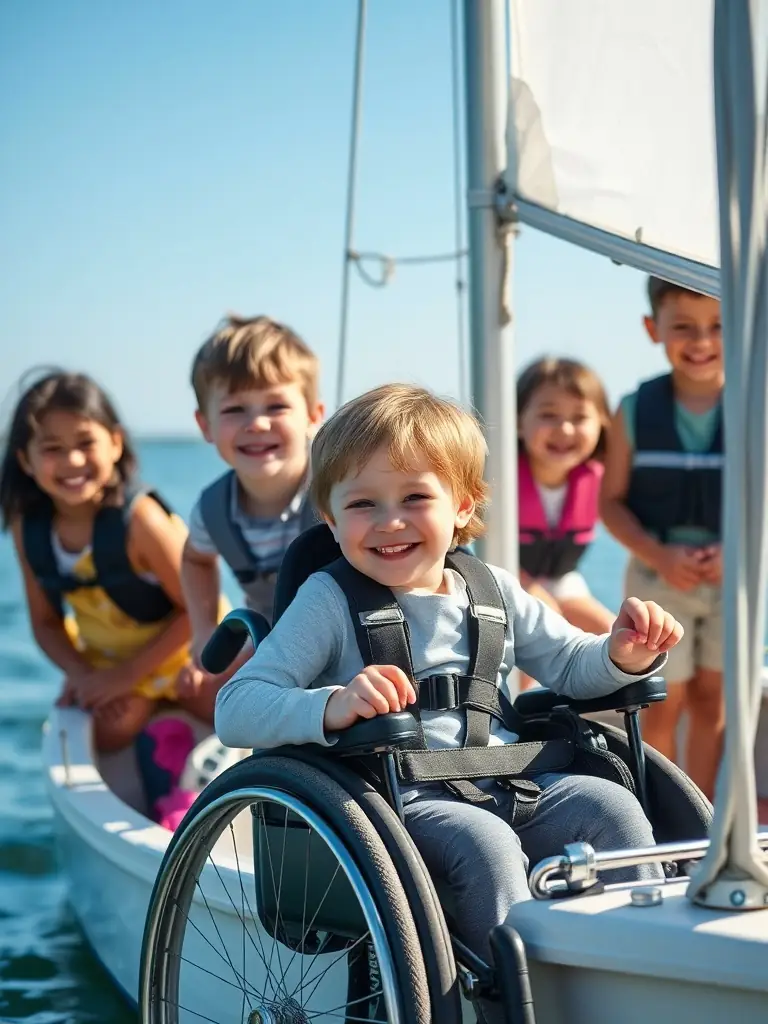 A photo of children of different abilities participating in a sailing lesson, showcasing the inclusive nature of the program.