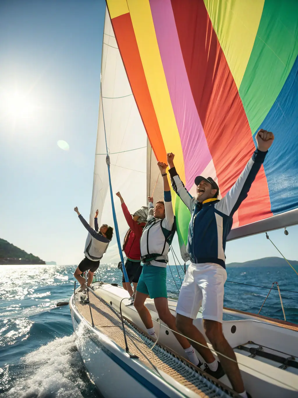A group of diverse individuals laughing and working together to raise a sail on a sunny day, emphasizing teamwork and enjoyment in sailing.