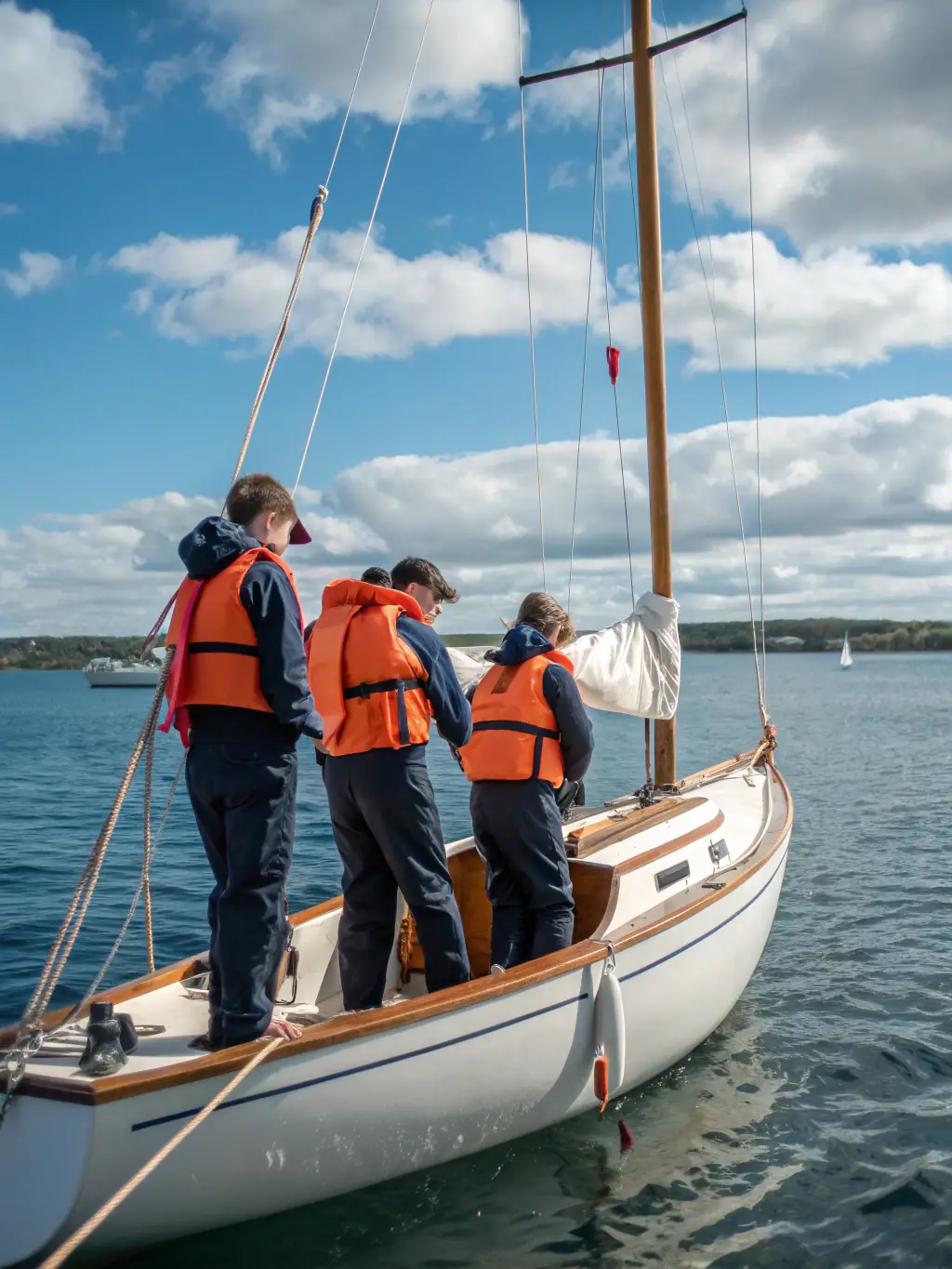 A group of teenagers works together to raise the sail on a larger sailboat during an advanced sailing course at ECOLE VOILE DE LION SUR MER.