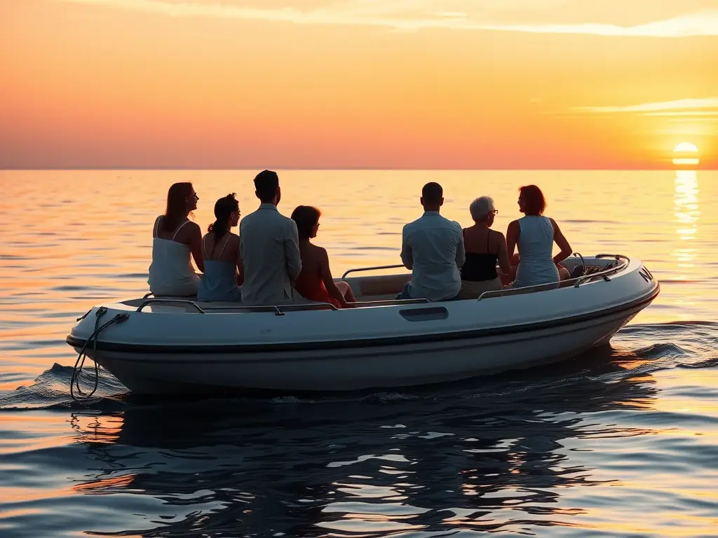 A serene image of a group participating in a recreational sailing activity, enjoying the calm waters and scenic views of Lion-sur-Mer.