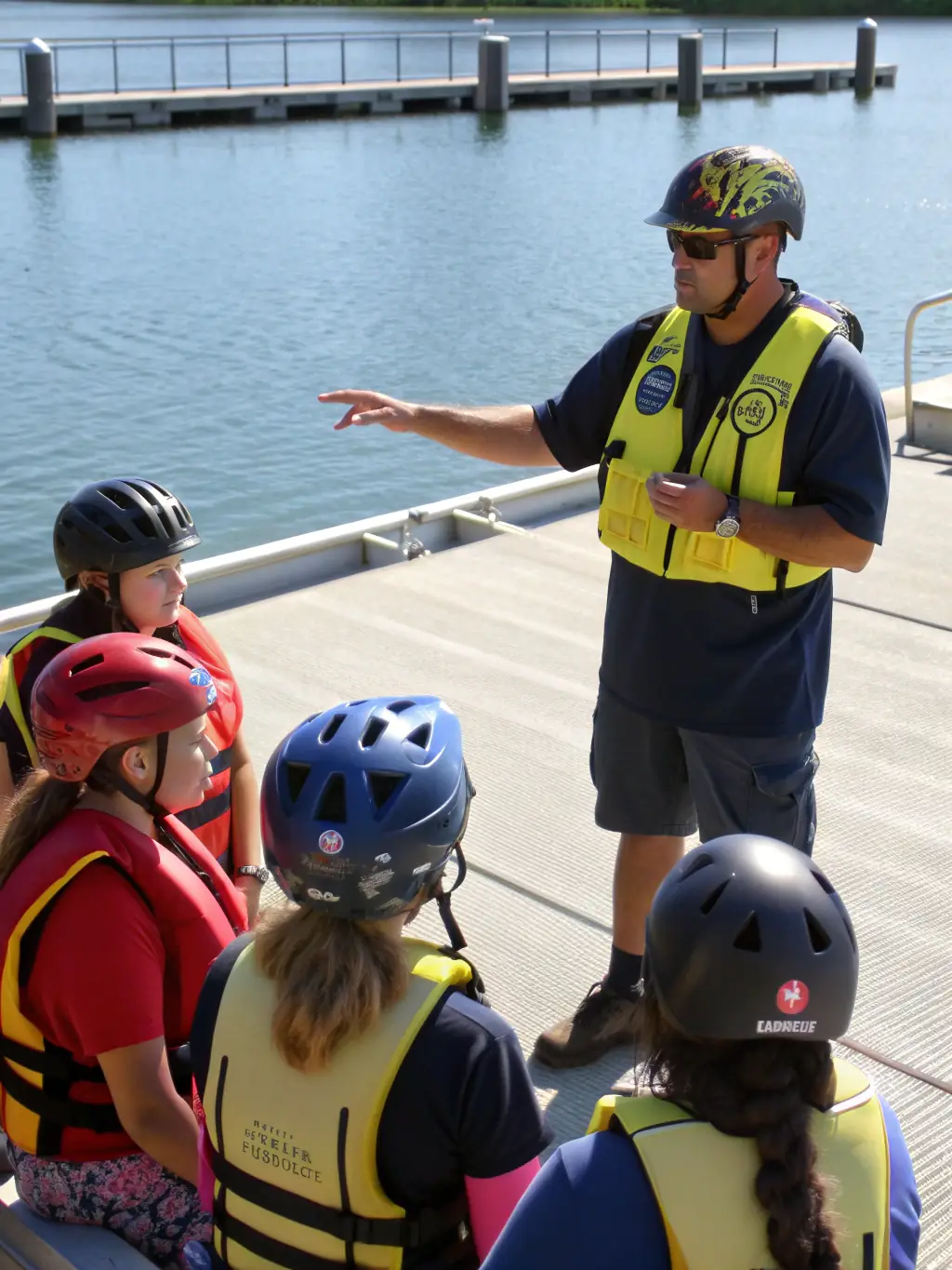 An instructor demonstrating safety procedures to a group of students on a boat, emphasizing the importance of safety in all activities.